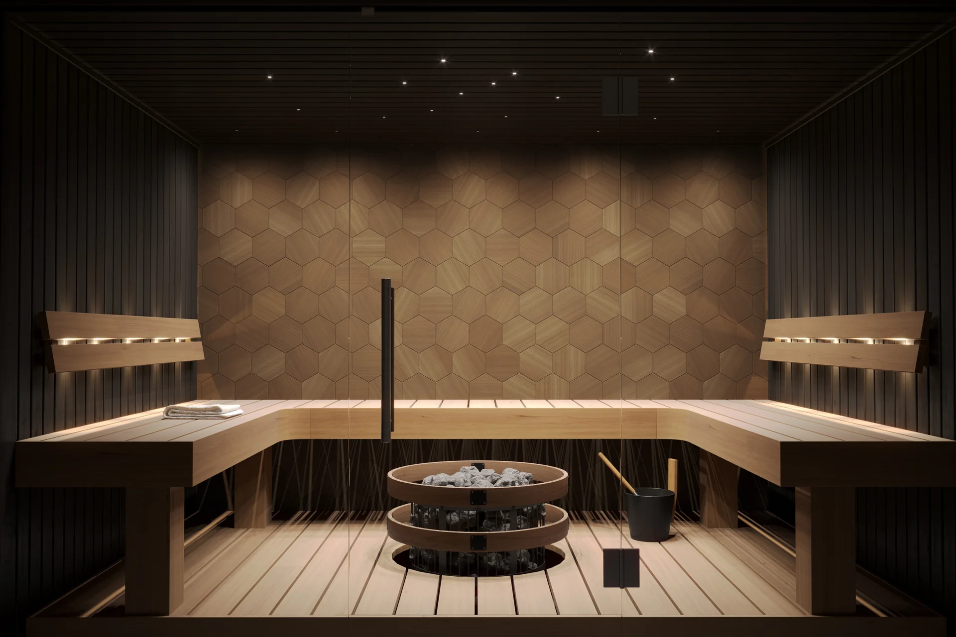 Sauna heater with stones and wood benches