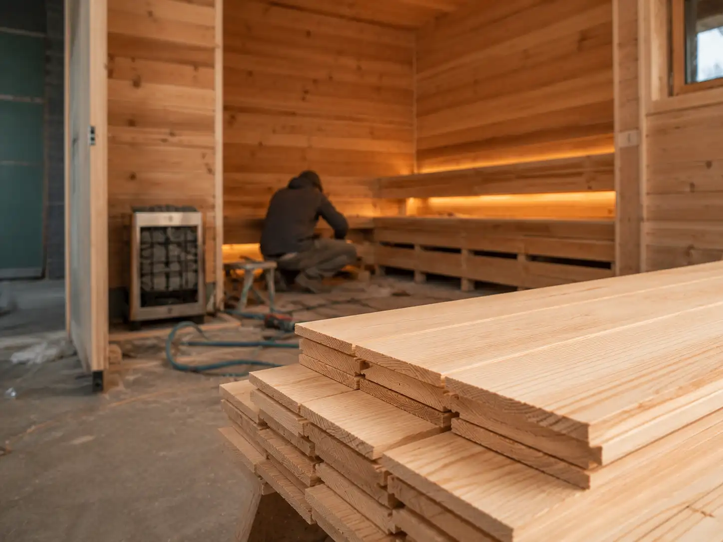 Contractor loading sauna lumber for a job site