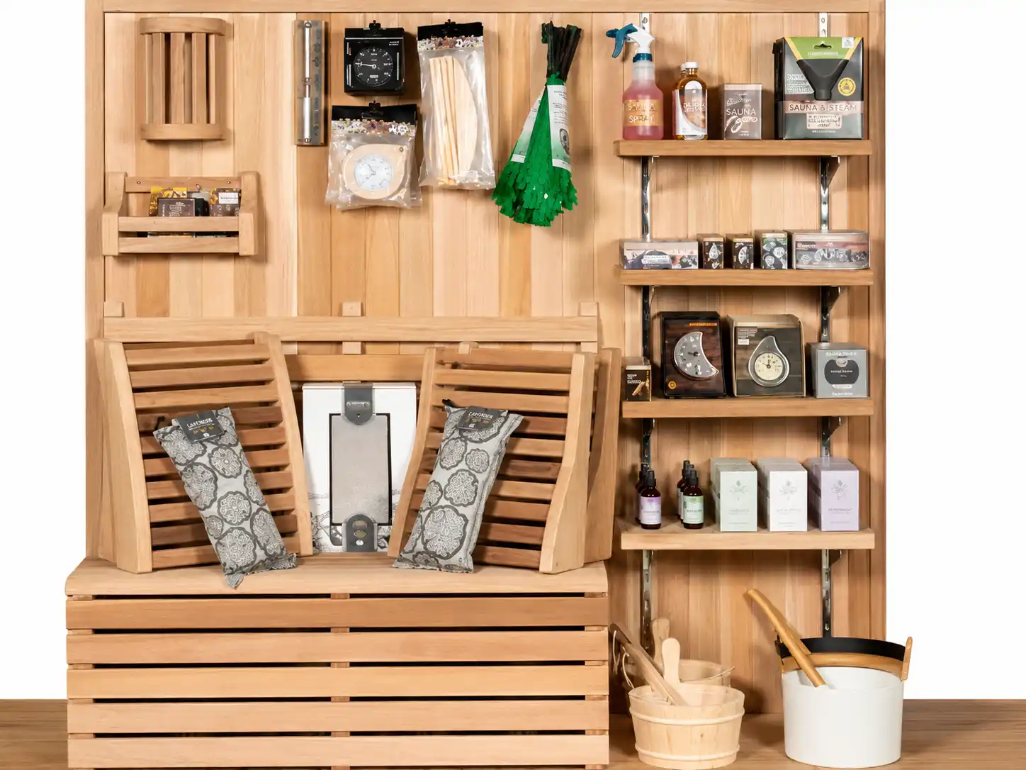 Retail display of sauna accessories and benches
