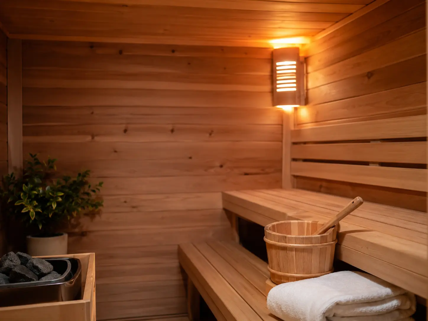 Home sauna interior with bench, heater and bucket